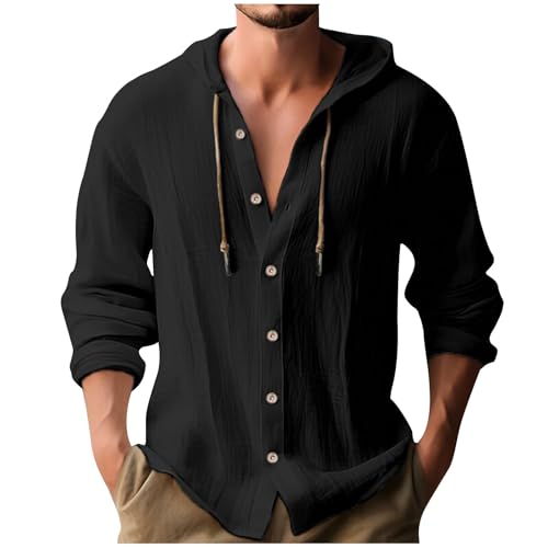Generic Warehouse Deals Angebote rückläufer Leinenhemd Herren Baumwolle Leinen Hoodie Einfarbig Hoody Oberteile Knopfleiste Langarm Hemd mit Kapuze Modische Langarmshirt Schlank Sommer von Generic