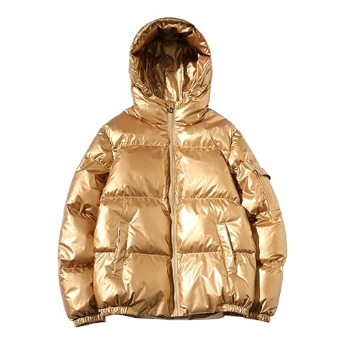Warm gepolsterte, glänzende Herren-Pufferjacken Dicker lässiger Kapuzen-Puffy-Daunenmantel Winddichte Wintermäntel für Männer (Gold,XL) von Generic