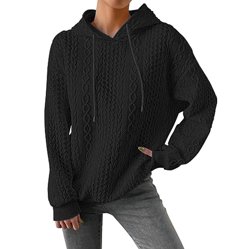 Warme Damen Pullover Hoodie Warm Damen Strukturierter, langärmliger Damen-Pullover mit Kordelzug und tief angesetzter Schulter, einfarbiger Kapuzenpullover Hoody Jacke Damen Oversized (Black, XXL) von Generic