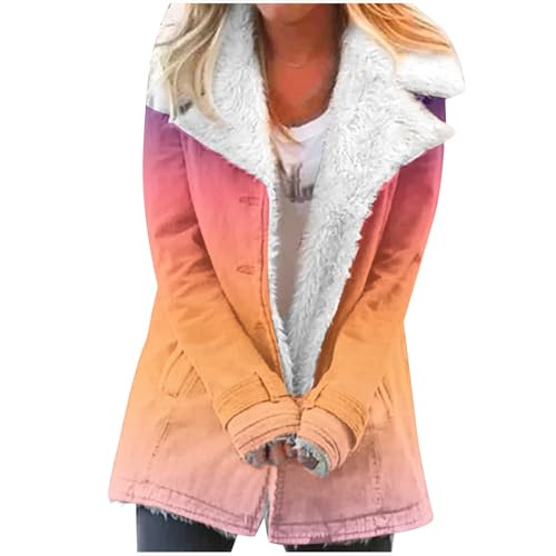 Warme Winterjacke Damen Fleece Mantel Plüschjacke Innenfutter Trenchcoat Winterparka Elegant Freizeitjacke Outdoorjacke Farbverlauf Übergangsjacke Bikerjacke Urlaub Damenjacke Damenbekleidung Orange M von Generic