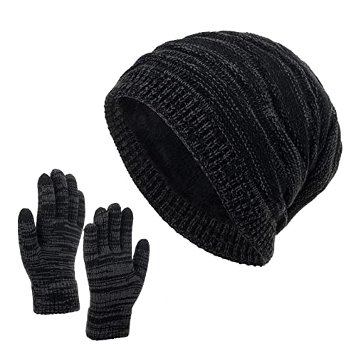 Warme Wintermütze Handschuh Set Wollmütze Bommelmütze Unisex Beanie Hüte mit Fleece Innenfutter Winter Strickmütze Herren Damen von Generic