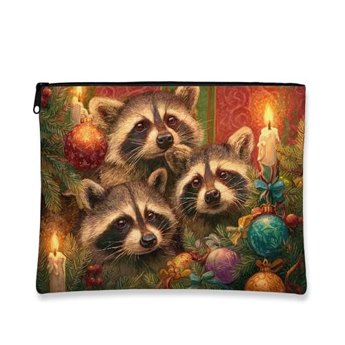 Waschbär-Make-up-Tasche, Motiv: Weihnachtswald, Tier, Kosmetiktasche für Damen, tragbar, klein, Segeltuch, Reißverschluss, Urlaubs-Hautpflege, Kulturbeutel, Grün , 7x9 Inch, Waschbär von Generic
