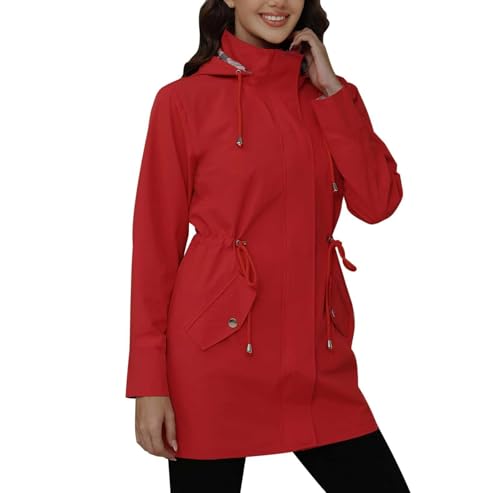 Waterproof Rain Jacket Women Leichte Regenmantel Damen Lang Wasserdicht Atmungsaktiv Windjacke mit Kapuze Faltbar Outdoor für Reisen und Fahrrad XL A Red von Generic