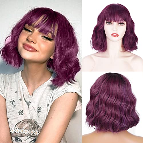 Wavy Bob Wig Purple Wave Wig with Bangs 10 Inch Synthetic Short Hair Wigs for Cosplay Party Use von Generic