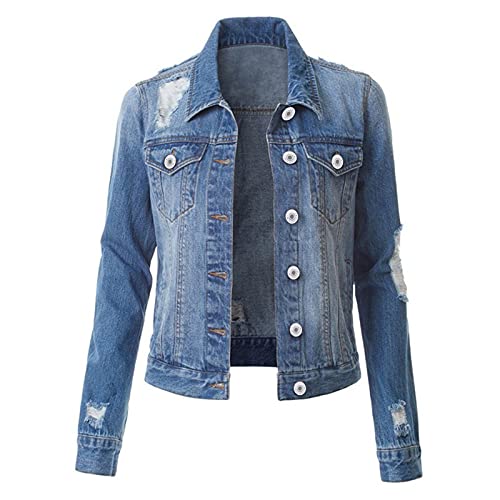 Weibliche Denim-Jacke - Hellblau Tailliert Jeans-Jacken Hellblau Jeansjacke Leichte Jacke Denim-Oberbekleidung Mode Rundhalsausschnitt Langarm Jeans Jacke Mantel von Generic