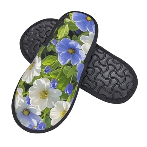 Weiche Plüsch Pantoffeln Blaue Weiße Blume Winter Pantoffeln Waschbare Gästehausschuhe Für Frauen, Männer, Gäste M von Generic