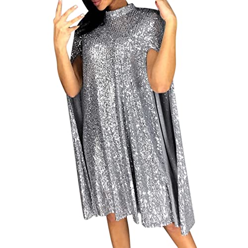 Weihnachten 2023 Damen Umhang Stil Kleid Einfarbig Taille Hoher Ausschnitt Kleid Pailletten Kleid Sexy Elegant Kleider Slim Party Kleid Abendkleider für Hochzeiten, silber, Medium von Generic