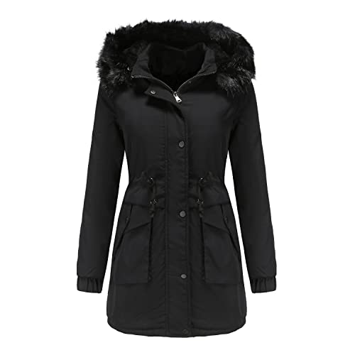 Weihnachten 2023 Damen Verdickter Mantel Übergröße Warm Trendy Winter Fleece Gefüttert Schneemantel Jacke Outwear mit Kapuze und Seitentaschen Lederjacke, Schwarz , 50 von Generic