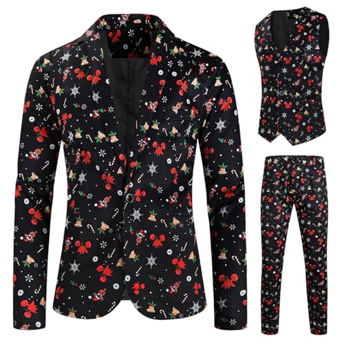 Weihnachten Anzug Herren, Herren Lustige Weihnachtsanzug 3-Teilig Slim Fit Button Santa Drucke Formal Weihnachten Sakko Hose Blazer Partyanzug für Festlich Party Hochzeit Weihnachtsanzüge von Generic
