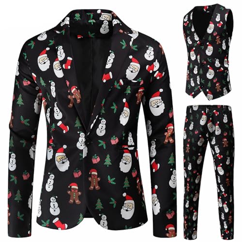 Weihnachten Anzug Herren, Herren Lustige Weihnachtsanzug 3-Teilig Slim Fit Button Santa Drucke Formal Weihnachten Sakko Hose Blazer Partyanzug für Festlich Party Hochzeit Weihnachtsanzüge von Generic