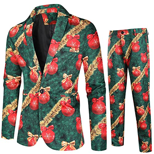 Weihnachten Anzug Herren, Weihnachtsanzüge Herren Set 2 Teilig Slim Fit Weihnachtsmann Drucke Festlich Weihnachten Sakko Blazer Partyanzug Anzugjacke + Anzughose Set Weihnachtsanzug von Generic