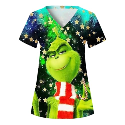 Weihnachten Grinch Kasacks Damen Pflege Grün Drucken Uniformen Schlupfkasack Berufsbekleidung Schlupfhemd Uniform mit Grinch Motiv Bluse V-Ausschnitt Kurzarm T-Shirts Krankenpflegeuniform von Generic