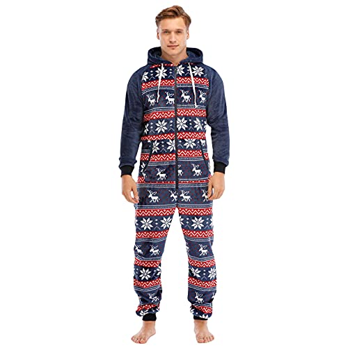 Weihnachten Herren Jumpsuit Onesie mit Kapuze Tasche Plüsch Flanell Fleece Overall Pyjama Reißverschluss Langarm Hoodies Schlafanzug Einteiler Homewear Schlafoverall Nachtwäsche Strampler von Generic