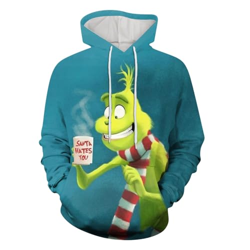 Weihnachten Hoodie Herren und Damen Grinch Weihnachtspullover 3D Lustig Kapuzenpullover Oversize Weihnachts Sweatshirt mit Tasche Langarmshirt Pullover Herbst Winter Festlich Oberteile Pulli von Generic