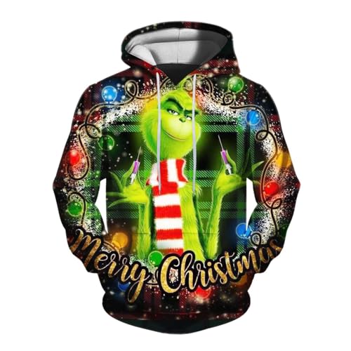 Weihnachten Hoodie Herren und Damen Grinch Weihnachtspullover 3D Lustig Kapuzenpullover Oversize Weihnachts Sweatshirt mit Tasche Langarmshirt Pullover Herbst Winter Festlich Oberteile Pulli von Generic