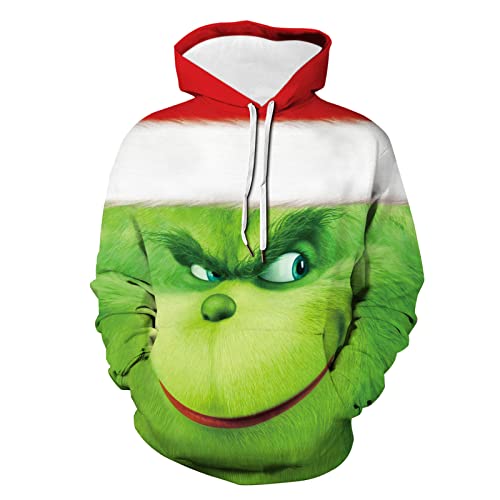 Weihnachten Hoodie Herren und Damen Grinch Weihnachtspullover 3D Lustig Kapuzenpullover Oversize Weihnachts Sweatshirt mit Tasche Langarmshirt Pullover Herbst Winter Festlich Oberteile Pulli von Generic