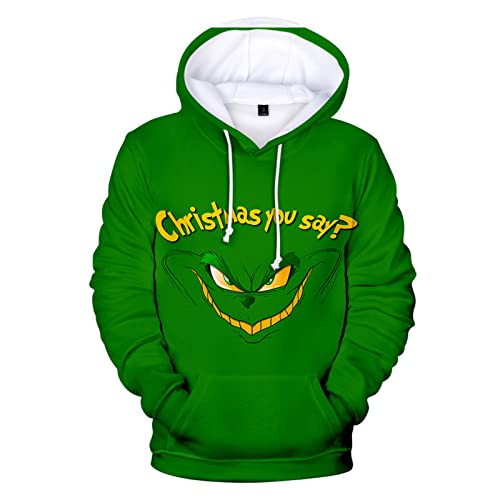 Weihnachten Hoodie Herren und Damen Grinch Weihnachtspullover 3D Lustig Kapuzenpullover Oversize Weihnachts Sweatshirt mit Tasche Langarmshirt Pullover Herbst Winter Festlich Oberteile Pulli von Generic