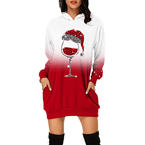 Weihnachten Hoodie Kleid, Weihnachtskleid Damen Christmas Kleider Weihnachtendruck Weihnachtspullover Weihnachtskleider Weihnachts Kapuzenpullover Kleid Langarm Xmas Partykleid mit Taschen von Generic