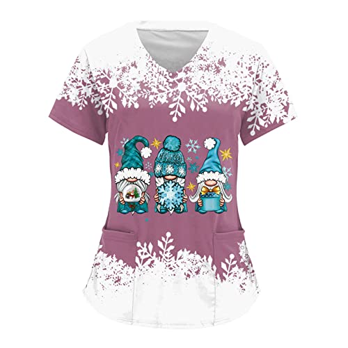 Weihnachten Kasacks Damen Pflege Festlich Druck Bequem Nurse Uniformen Schlupfkasack Berufsbekleidung Schlupfhemd Uniform mit Taschen Kurzarm V-Ausschnitt T Shirts Bluse Krankenpflegeuniform von Generic