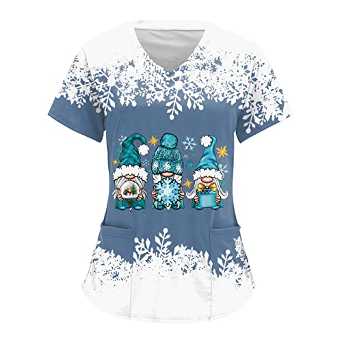 Weihnachten Kasacks Damen Pflege Festlich Druck Bequem Nurse Uniformen Schlupfkasack Berufsbekleidung Schlupfhemd Uniform mit Taschen Kurzarm V-Ausschnitt T Shirts Bluse Krankenpflegeuniform von Generic