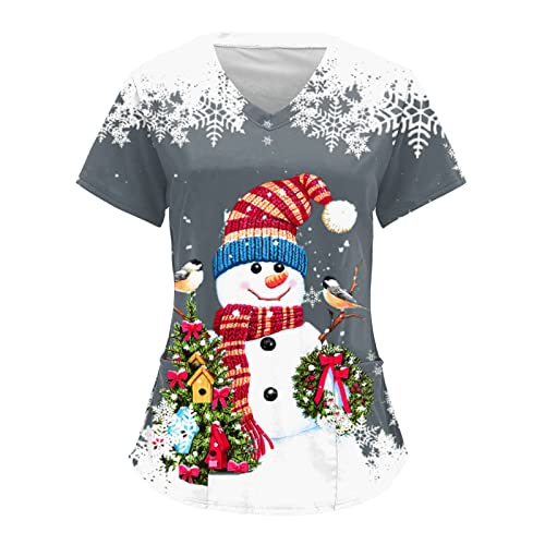 Weihnachten Kasacks Damen Pflege Festlich Druck Bequem Nurse Uniformen Schlupfkasack Berufsbekleidung Schlupfhemd Uniform mit Taschen Kurzarm V-Ausschnitt T Shirts Bluse Krankenpflegeuniform von Generic