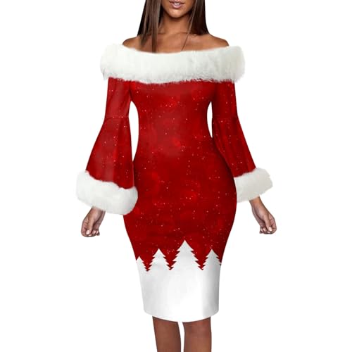 Weihnachten Kleid Damen Vintage Hepburn Cocktailkleid Fleece Langarm Winterkleid Frauen Rot Festliches Kleider A Linie Wickelkleid Midikleid Partykleid Rockabilly Kleid von Generic