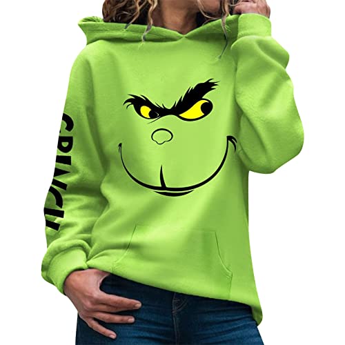 Weihnachten Pullover Damen Grinch, Weihnachtspullover Kapuzenpullover Grün Grinch Bedruckte Sweatshirt mit Tasche Casual Pulli Langarmshirt Pullover Herbst Winter Festlich Hoodie Oberteile von Generic