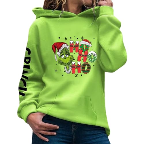 Weihnachten Pullover Damen Grinch, Weihnachtspullover Kapuzenpullover Grün Grinch Bedruckte Sweatshirt mit Tasche Casual Pulli Langarmshirt Pullover Herbst Winter Festlich Hoodie Oberteile von Generic