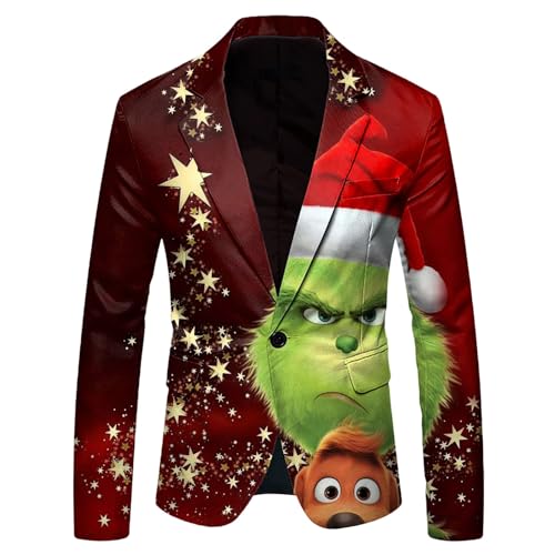 Weihnachten Sakko Herren Anzugjacke Weihnachten Lustig Druck Grinch Anzug Männer Christmas Festlich Freizeitjacke Knopf Slim Fit Anzugjacke Party Revers Sakko Blazer Jacke Mantel Festlich Hochzeit von Generic