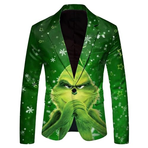 Weihnachten Sakko Herren Anzugjacke Weihnachten Lustig Druck Grinch Anzug Männer Christmas Festlich Freizeitjacke Knopf Slim Fit Anzugjacke Party Revers Sakko Blazer Jacke Mantel Festlich Hochzeit von Generic