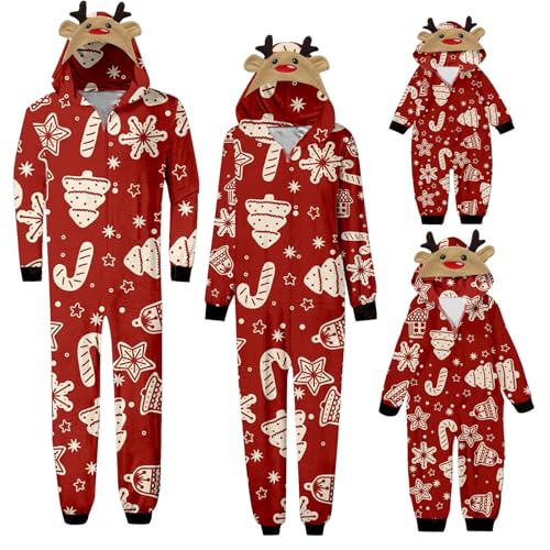 Weihnachten Schlafanzug Familien Overall Jumpsuit Onesie Outfit Winter Lang Pyjama Set Vater Mutter Kind Nachtwäsche Weihnachtspyjama Hausanzug mit Kapuze Chrismas Damen von Generic