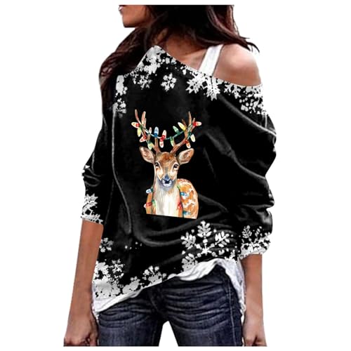 Weihnachten Sweatshirt Damen Schulterfrei,Lustig Weihnachts Oberteil,Weihnachtsdruck Weihnachtspullover, Bequem Langarmshirt Weihnachtspulli Langarm Top Pullover Christmas Sweatshirts von Generic
