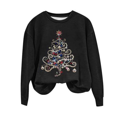 Weihnachten Sweatshirt Damen Weihnachtsbaum Druck Pullover Lustig Weihnachtspullover Festlich Bluse Leichte Langarmshirt ohne Kapuze Winter Oberteile Essentials Tops Lockere Shirt Weihnachtspulli von Generic