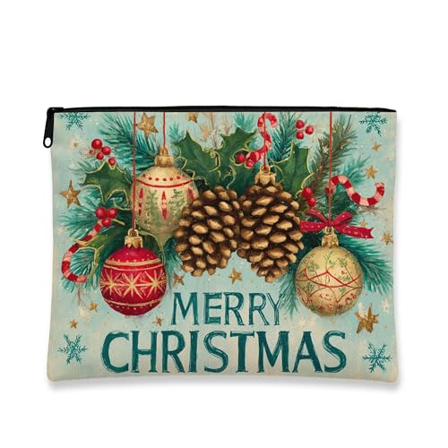 Weihnachts-Kosmetiktasche, festliche Tannenzapfen und Ornament-Druck, Reise-Make-up-Tasche für Frauen, tragbare kleine Canvas-Reißverschluss-Organizer, Urlaubskulturbeutel, Mehrfarbig, 7x9 Inch von Generic