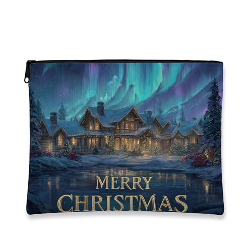 Weihnachts-Make-up-Tasche, Nordlichter, malerische Kosmetiktasche für Damen, tragbar, kleiner Reißverschluss-Organizer, Urlaubs-Hautpflege-Kulturbeutel, Blau, 7x9 Inch, Weihnachten von Generic