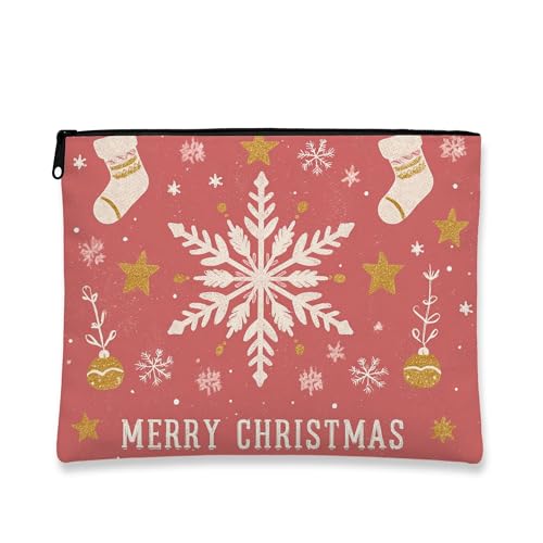 Weihnachts-Make-up-Tasche, Pfirsich-Schneeflocke, Urlaub, Kosmetiktasche für Damen, tragbare kleine Canvas-Reißverschlusstasche, saisonale Hautpflege, Kulturbeutel, Pfirsich, 7x9 Inch, Weihnachten von Generic