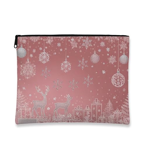 Weihnachts-Make-up-Tasche, Pfirsich-Schneeflocken und Rentier, Kosmetiktasche für Damen, tragbare kleine Canvas-Reißverschluss-Organizer, Urlaubskulturbeutel, Pfirsich, 7x9 Inch, Weihnachten von Generic