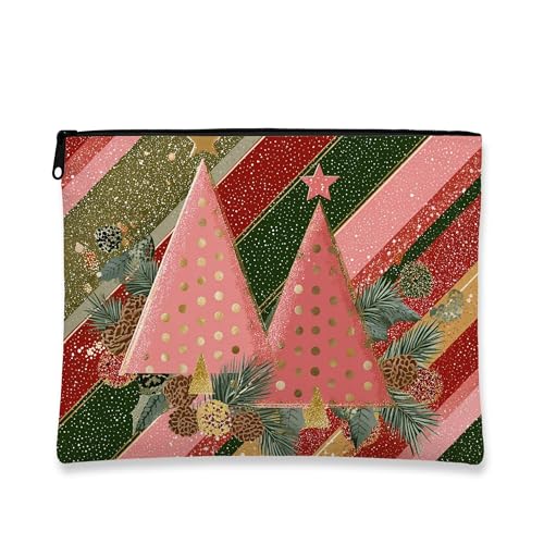 Weihnachts-Make-up-Tasche, Pfirsichbäume und goldene Punkte, Kosmetiktasche für Damen, tragbare kleine Canvas-Reißverschluss-Organizer, Urlaubskulturbeutel, Pfirsich, 7x9 Inch, Weihnachten von Generic