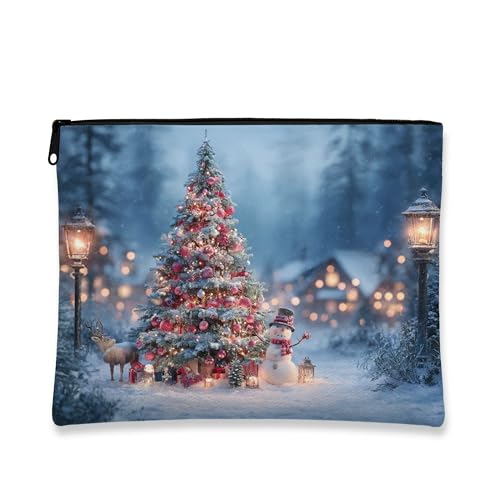 Weihnachts-Make-up-Tasche, Schneemann und Baum, Urlaubskosmetik-Reisetasche für Damen, tragbare kleine Canvas-Reißverschluss-Organizer, saisonale Kulturbeutel, Blau, 7x9 Inch, Weihnachten von Generic