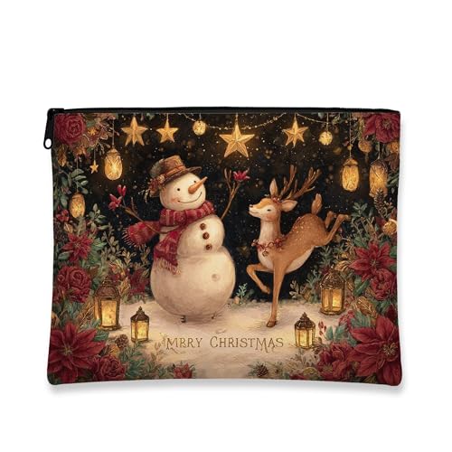 Weihnachts-Make-up-Tasche, Schneemann und Rentier, Urlaub, Kosmetiktasche für Damen, tragbare kleine Canvas-Reißverschluss-Organizer, Winter-Festival-Kulturbeutel, Mehrfarbig, 7x9 Inch, Weihnachten von Generic