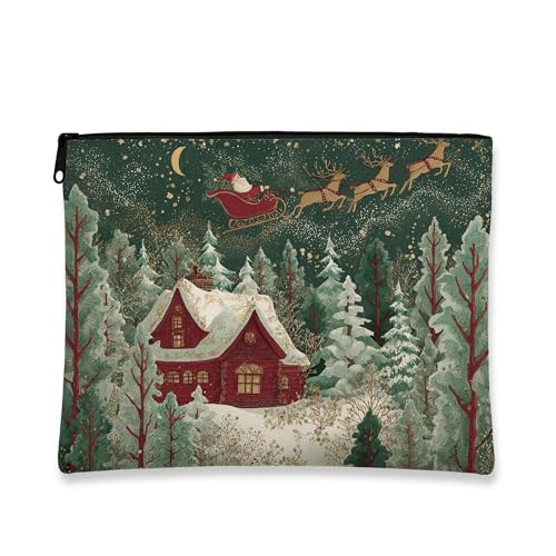 Weihnachts-Make-up-Tasche, Weihnachtsmann-Schlitten, Urlaub, Kosmetiktasche für Damen, tragbare kleine Canvas-Reißverschluss-Organizer, Winter-Kulturbeutel, Grün , 7x9 Inch, Beutel von Generic