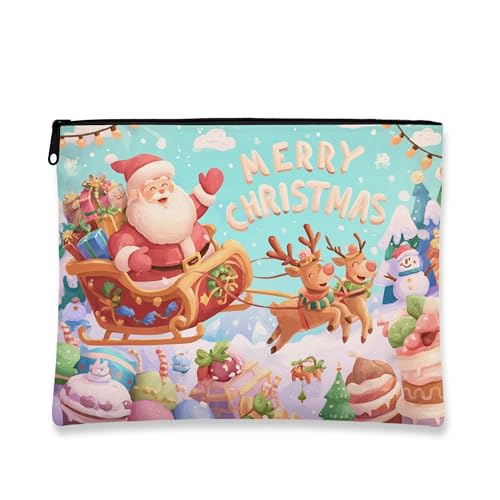 Weihnachts-Make-up-Tasche, Weihnachtsmann und Rentier, niedliche Kosmetiktasche für Damen, tragbare kleine Canvas-Reißverschlusstasche, Urlaubs-Hautpflege, Kulturbeutel, Blau, 7x9 Inch, Weihnachten von Generic