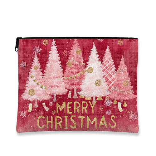 Weihnachts-Make-up-Tasche, festliche Pfirsichbäume, Urlaub, Kosmetiktasche für Damen, tragbare kleine Canvas-Reißverschluss-Organizer, Winter-Hautpflege-Kulturbeutel, Pfirsich, 7x9 Inch, Weihnachten von Generic