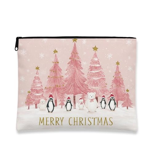 Weihnachts-Make-up-Tasche, niedliche Pfirsichbäume und Tiere, Kosmetiktasche für Damen, tragbare kleine Canvas-Reißverschluss-Organizer, Urlaubskulturbeutel, Pfirsichfarben, 7x9 Inch, Weihnachten von Generic