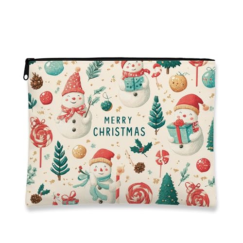 Weihnachts-Make-up-Tasche, niedlicher Schneemann, Urlaub, Kosmetiktasche für Damen, tragbare kleine Canvas-Reißverschluss-Organizer, saisonale Hautpflege-Kulturbeutel, Cream, 7x9 Inch, Weihnachten von Generic