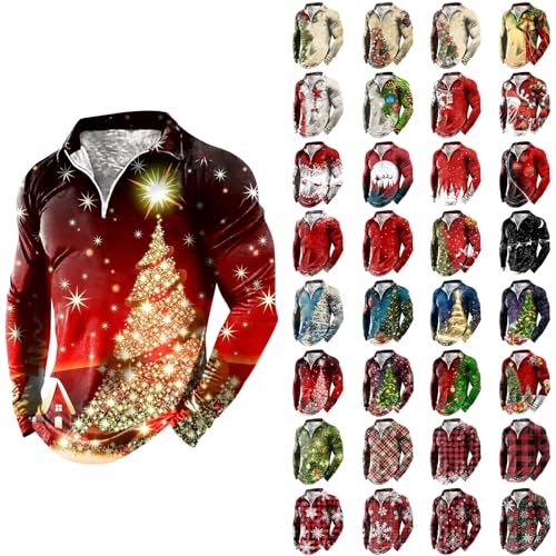 Weihnachts Poloshirt Herren Lustig Weihnachtspullover Reißverschluss Golf-T-Shirt 2023 Herbst Winter 3D Weihnachtsdruck Polo-Pullover Männer Hässliche Weihnachts T-Shirt von Generic