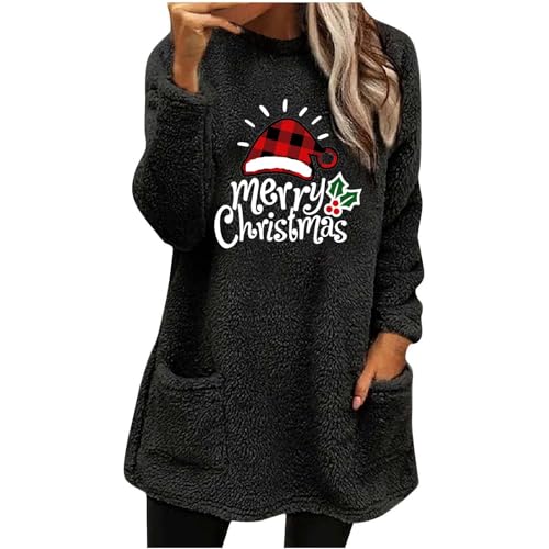 Weihnachts Sweatshirt Damen Warm Teddy Fleece Elch und Briefe Druck Rundhals Herbst Winter Sportshirt Lässig Pullover Ohne Kapuze Langarmshirt Sweatpullover mit Taschen Sweatshirts für Damen von Generic