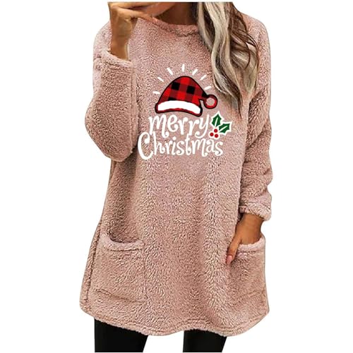 Weihnachts Sweatshirt Damen Warm Teddy Fleece Elch und Briefe Druck Rundhals Herbst Winter Sportshirt Lässig Pullover Ohne Kapuze Langarmshirt Sweatpullover mit Taschen Sweatshirts für Damen von Generic