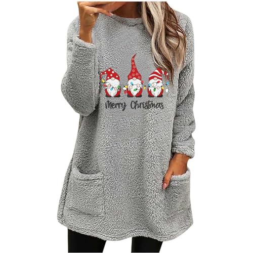 Weihnachts Sweatshirt Damen Warm Teddy Fleece Elch und Briefe Druck Rundhals Herbst Winter Sportshirt Lässig Pullover Ohne Kapuze Langarmshirt Sweatpullover mit Taschen Sweatshirts für Damen von Generic