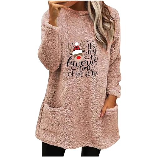 Weihnachts Sweatshirt Damen Warm Teddy Fleece Elch und Briefe Druck Rundhals Herbst Winter Sportshirt Lässig Pullover Ohne Kapuze Langarmshirt Sweatpullover mit Taschen Sweatshirts für Damen von Generic